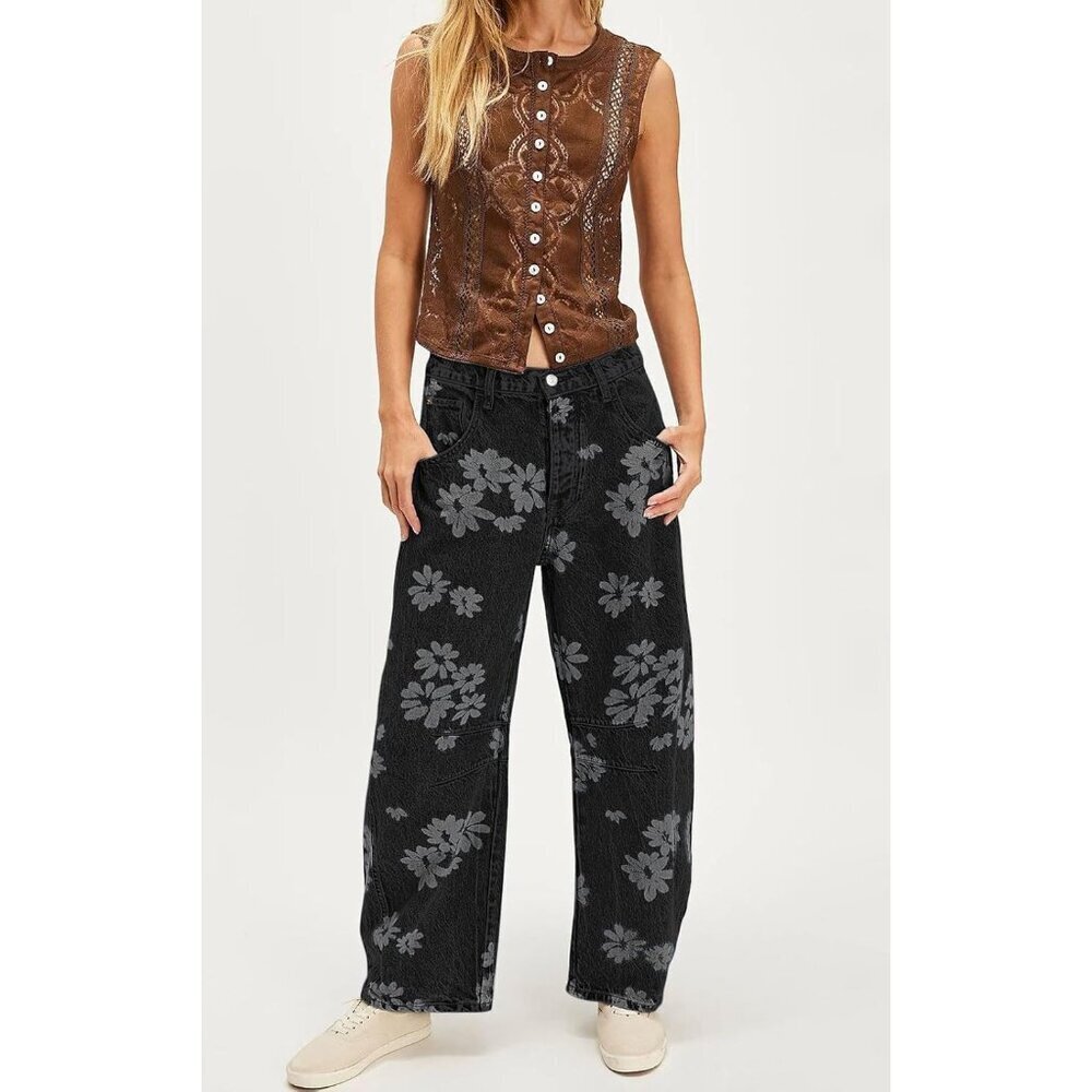 Women's Baggy Wide Leg Denim Pants Floral Prints High Rise Casual jeans - Picture 5 of 7